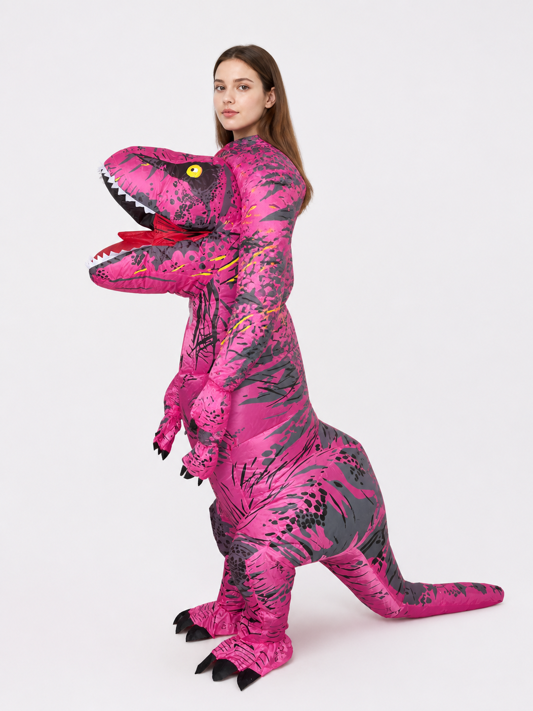 Inflatable Pink Tyrannosaurus Costume with Black Spots side view