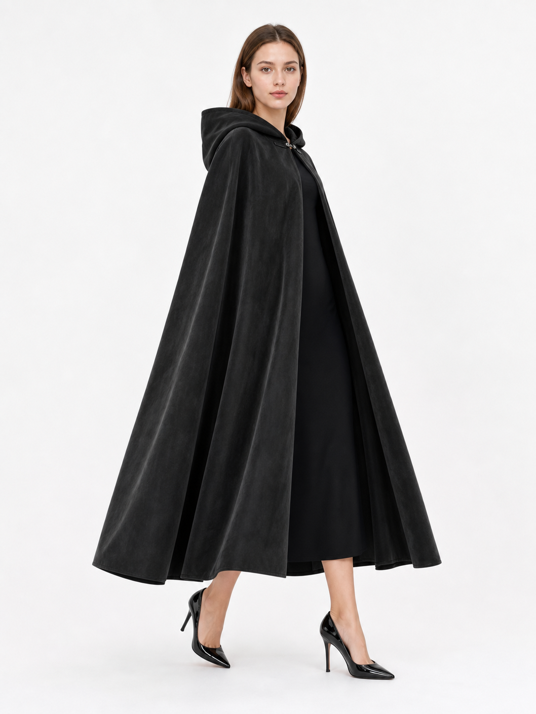 Long black hooded costume cloak