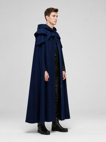 Hooded Cloak Cape with Ties, Blue side view