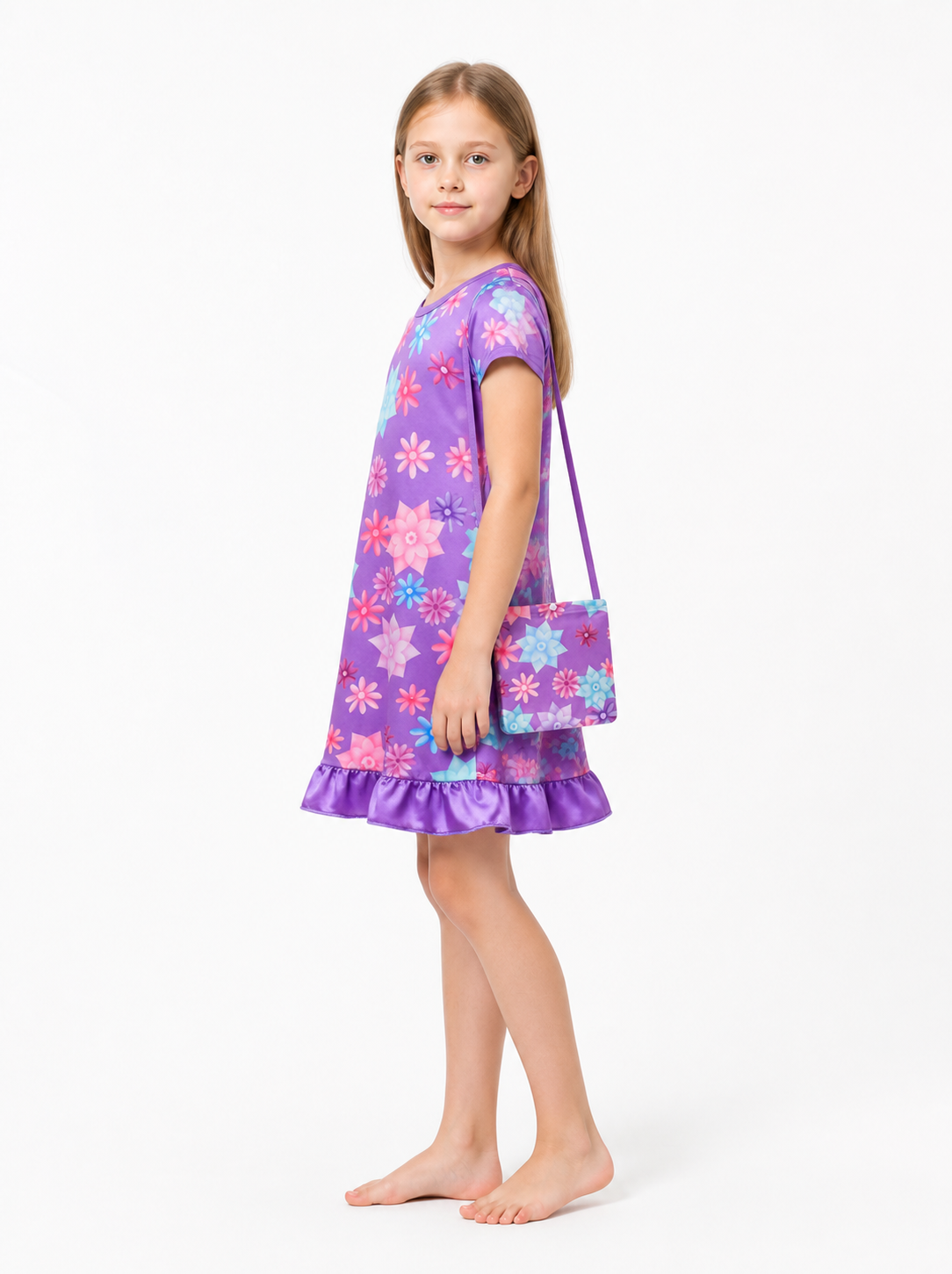 Floral Print Costume Dress with Handbag side view
