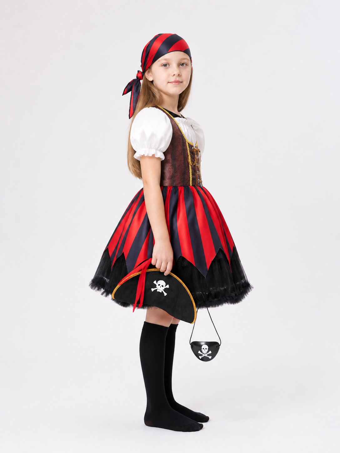 Girls’ Pirate Costume with Dress, Hat, and Eye Patch side view
