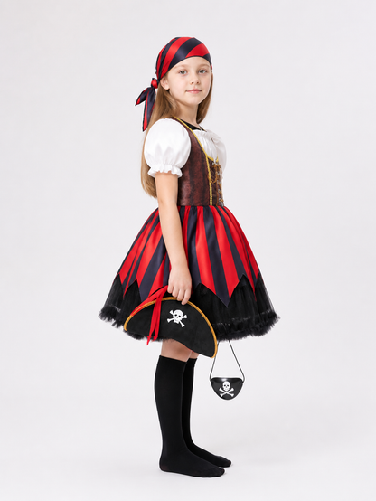 Girls’ Pirate Costume with Dress, Hat, and Eye Patch side view