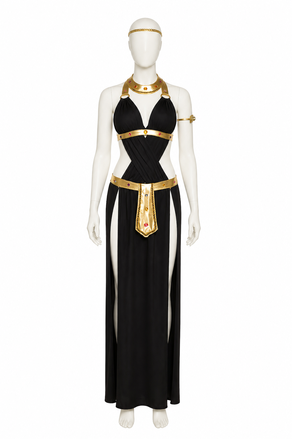 Cleopatra Costume with Gold Jewelry, Black Dress side view