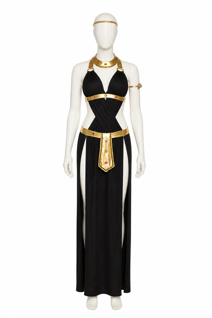 Cleopatra Costume with Gold Jewelry, Black Dress side view