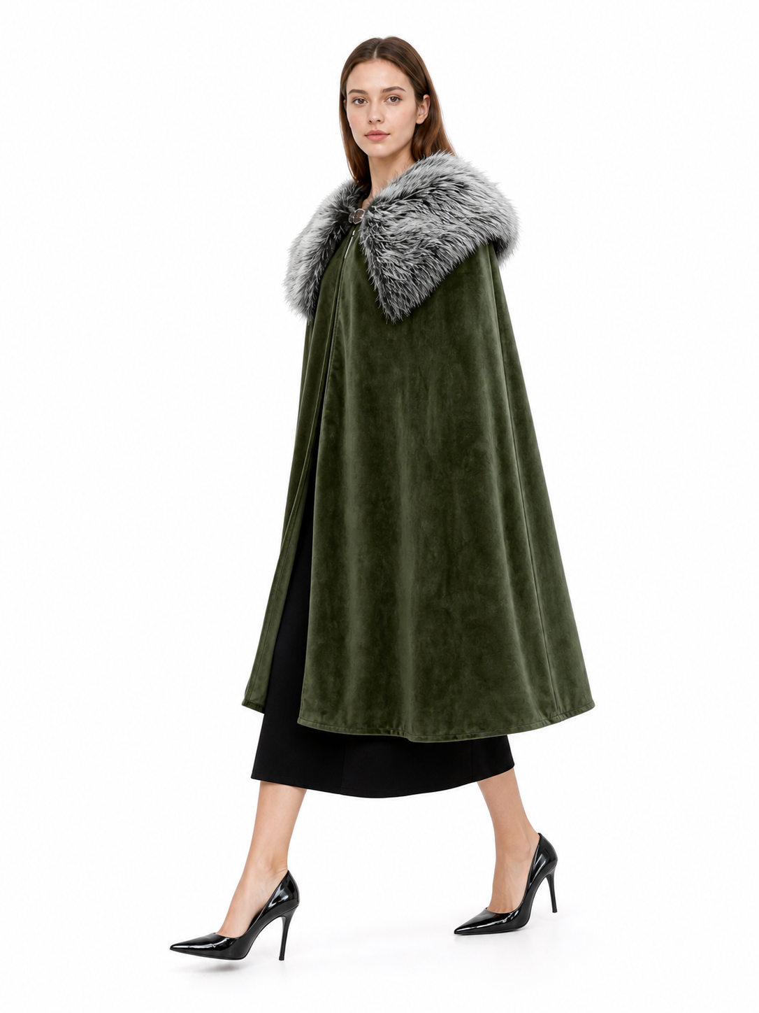 Green Carnival Cloak with Fur Collar