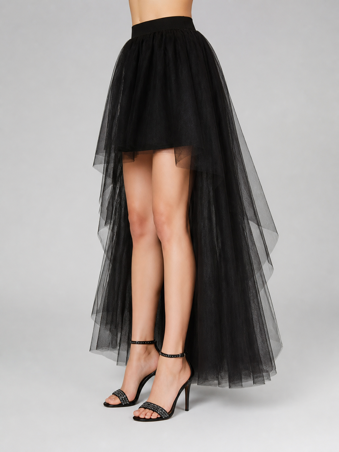 Black Full Tutu Skirt with an Asymmetrical Silhouette side view