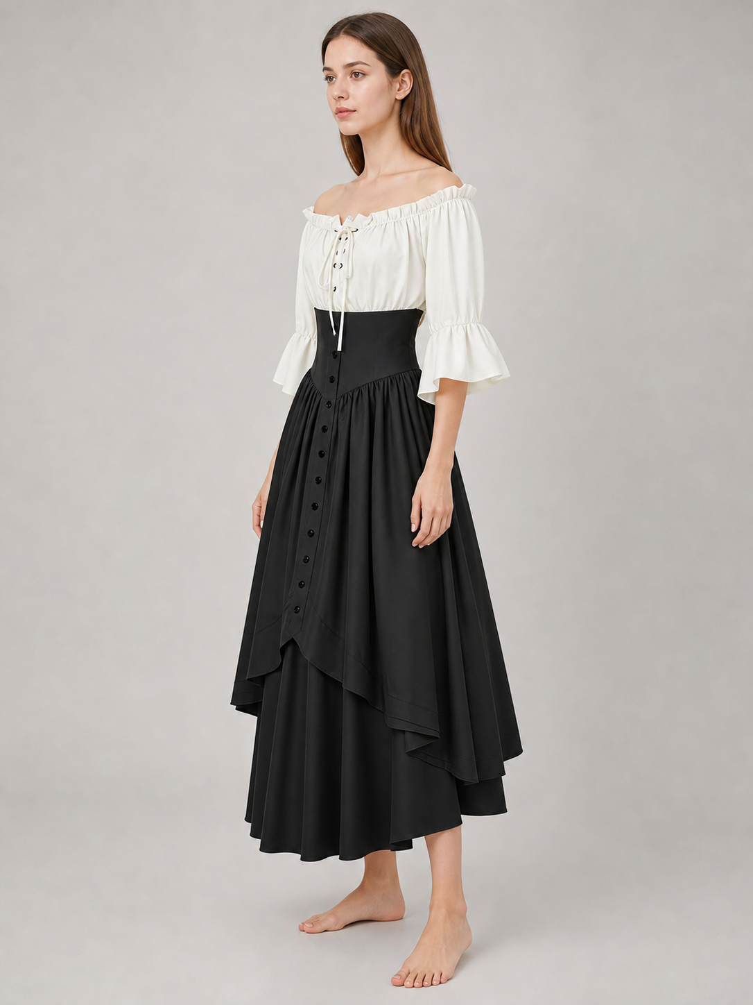 Vintage-Style Off-the-Shoulder Dress with Lacing