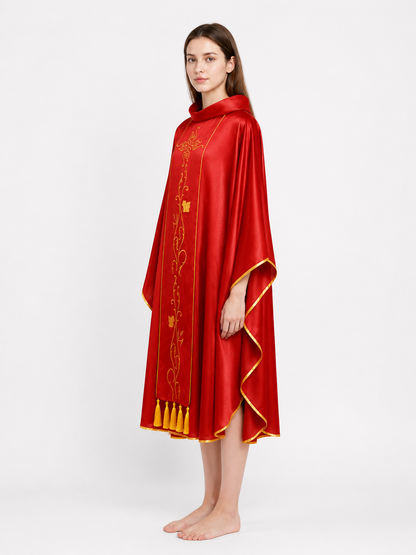 Red Robe with Gold Embroidery and Fringe side view