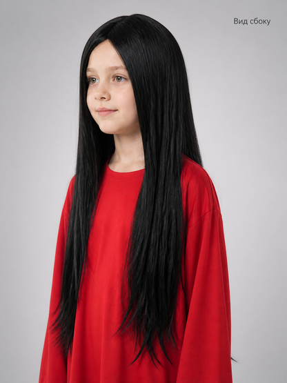 Long Straight Black Wig, 75 cm, Carnival Costume side view