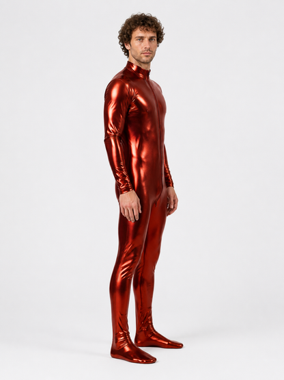 Glossy form-fitting jumpsuit with a zipper and feet side view