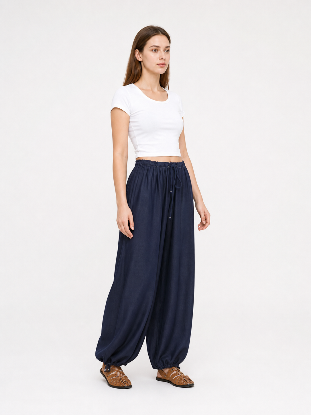 Dark Blue High-Waisted Wide-Leg Pants with Drawstring Hems