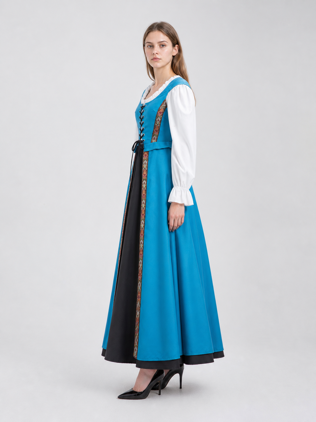 Medieval Dress with White Collar and Lace-Up Front side view