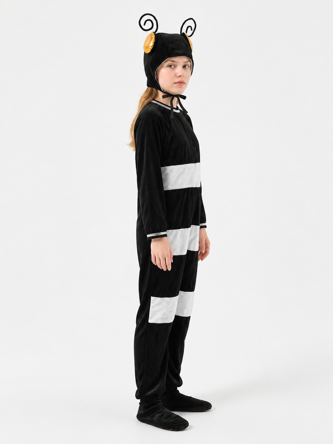 Ant Costume with Antennae and Black-and-White Stripes side view