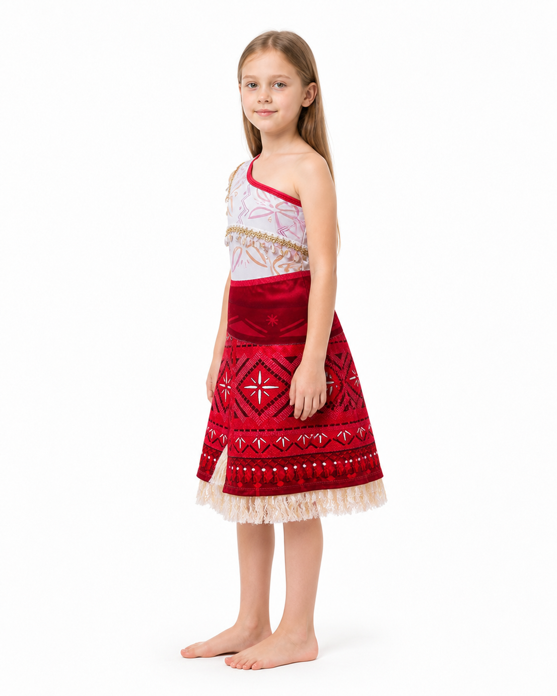 Red Sleeveless Moana-Style Dress with Fringe side view