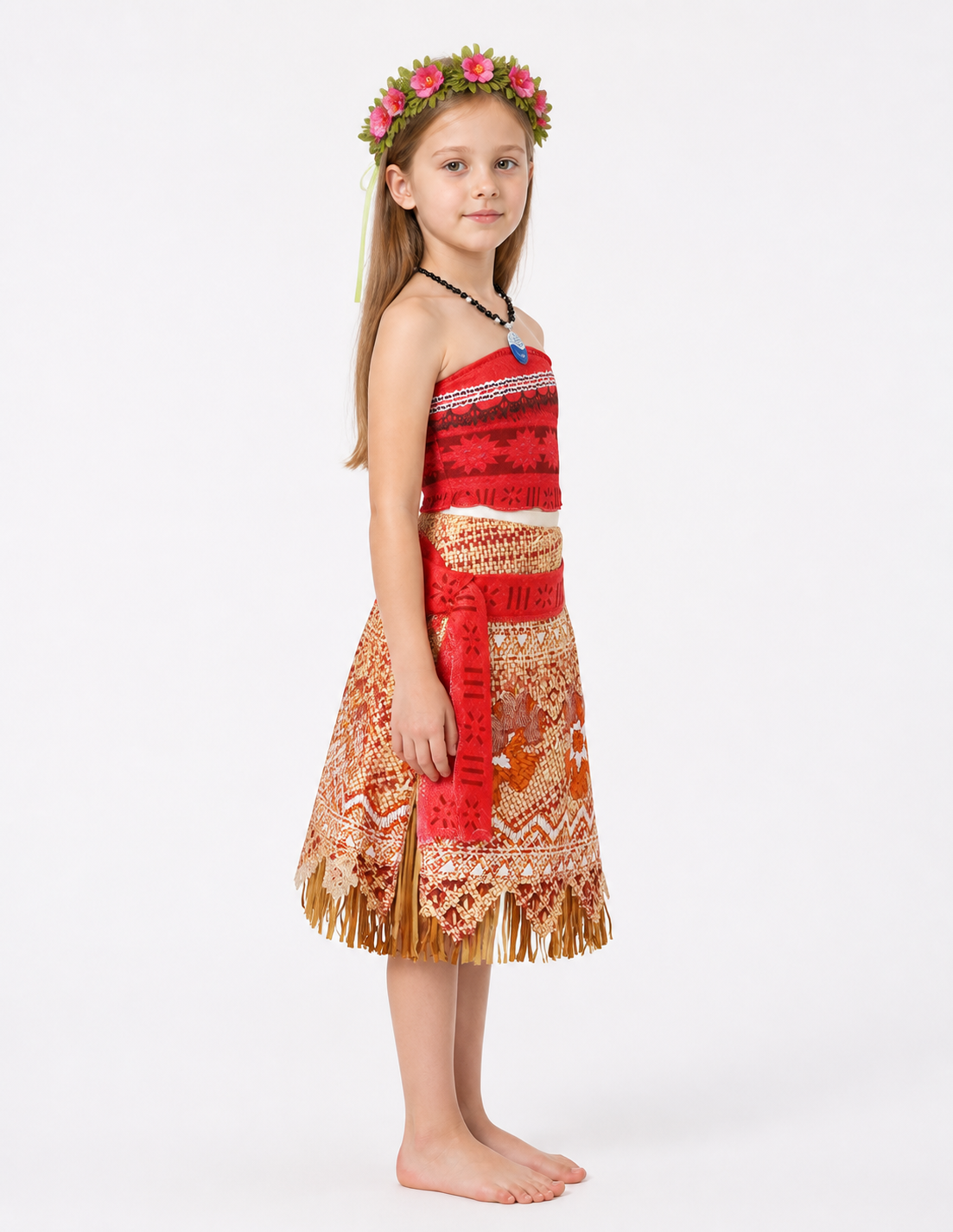 Moana Costume for Girls with Fringe and Leaf Wreath side view
