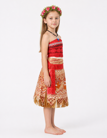 Moana Costume for Girls with Fringe and Leaf Wreath side view