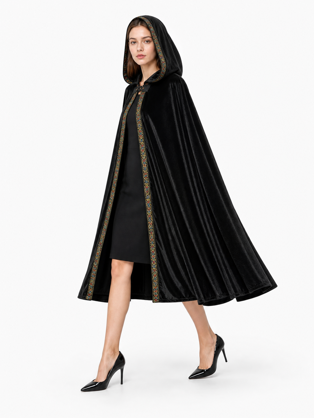 Black Costume Cloak with Hood and Trim