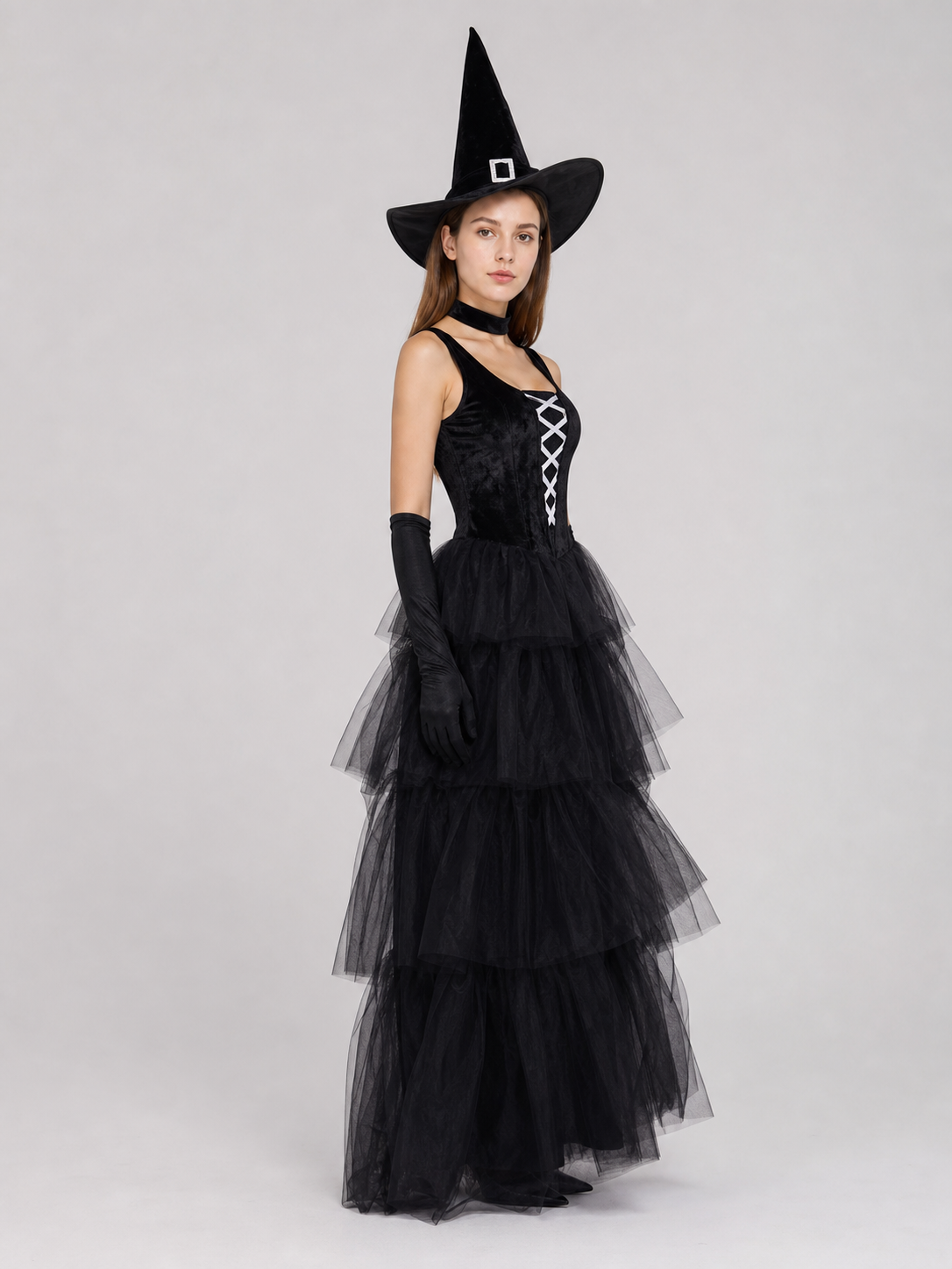 Halloween costume: black dress, hat, and gloves