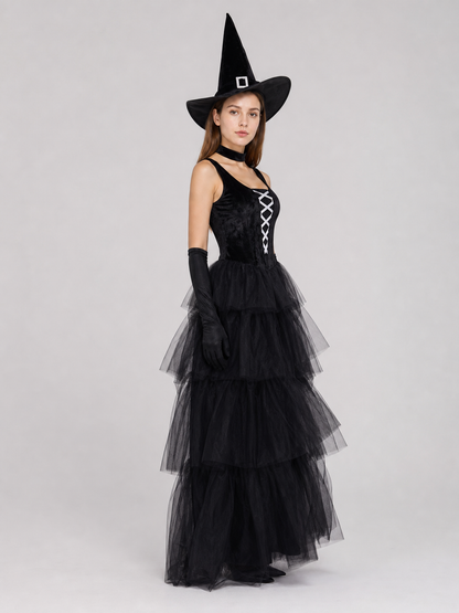 Halloween costume: black dress, hat, and gloves