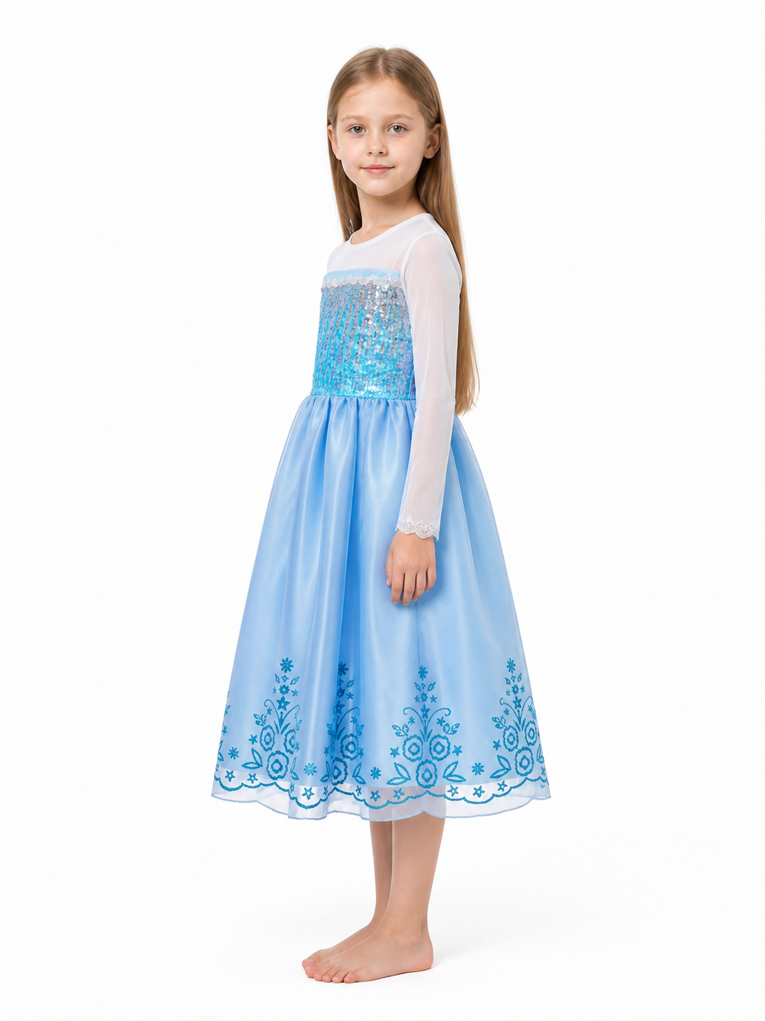 Long Princess Dress with Sequins and Floral Pattern side view