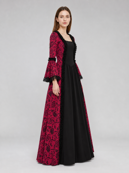 Women’s Gothic Medieval Court Costume Dress 2pcs Set With Neck Accessory, Red Black Scroll Print, Square Neck Long Sleeve Cosplay Outfit