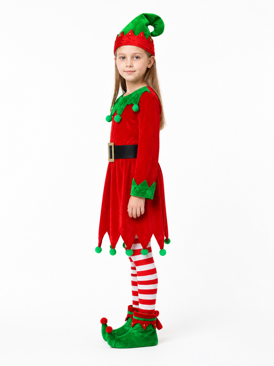 New Year's Elf Costume with Dress, Hat, and Belt side view