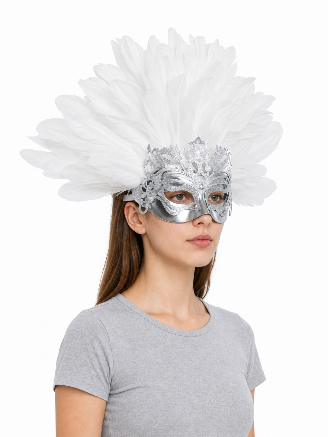 White feather silver masquerade mask product view 26