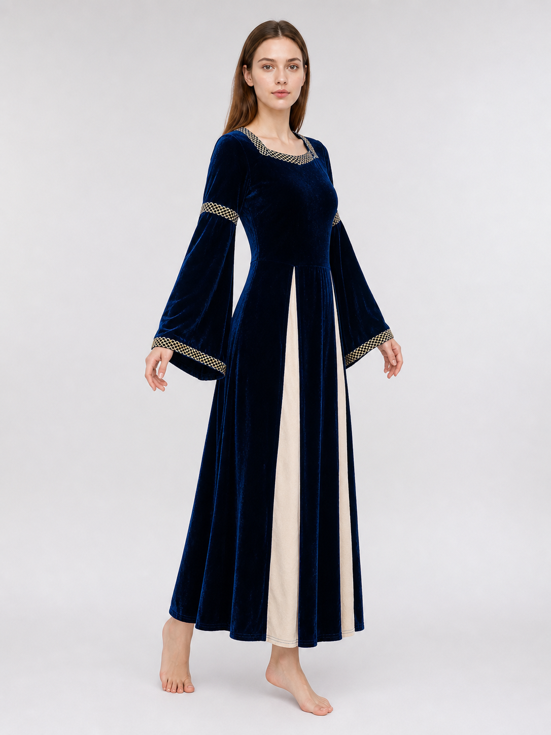 Medieval-Style Maxi Dress with Flared Sleeves
