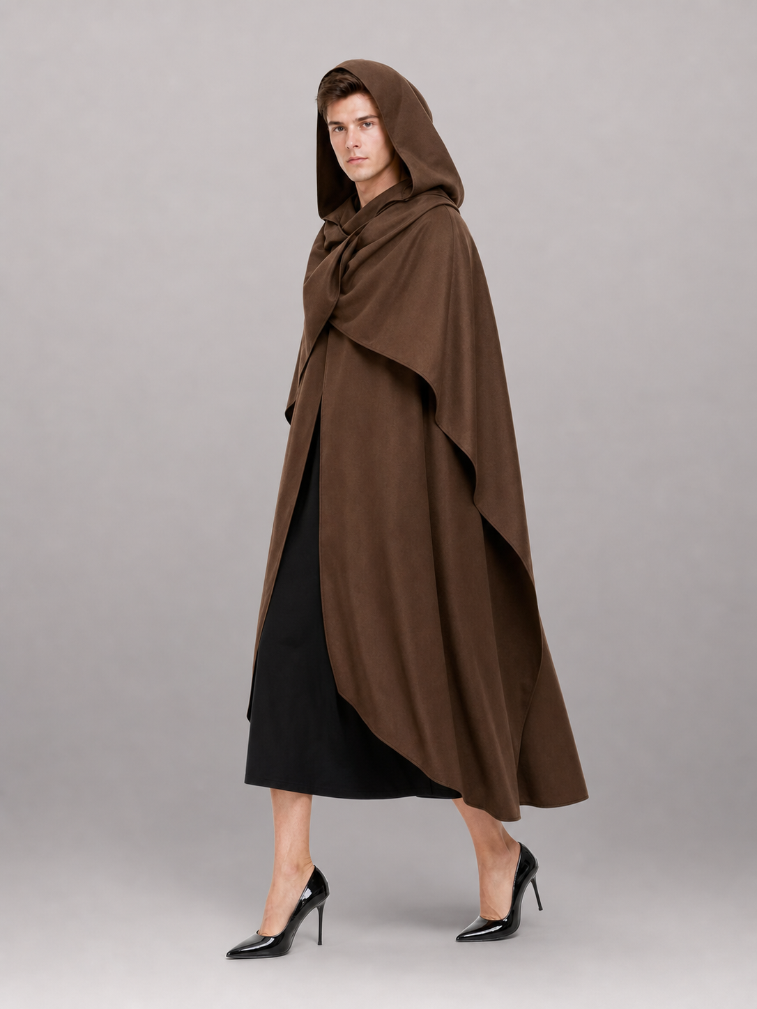 Medieval Fantasy Hooded Cloak, Deep Brown Long Draped Cape with Overlapping Front and Pointed Hem for Role Play, Stage Styling and Outdoor Wear