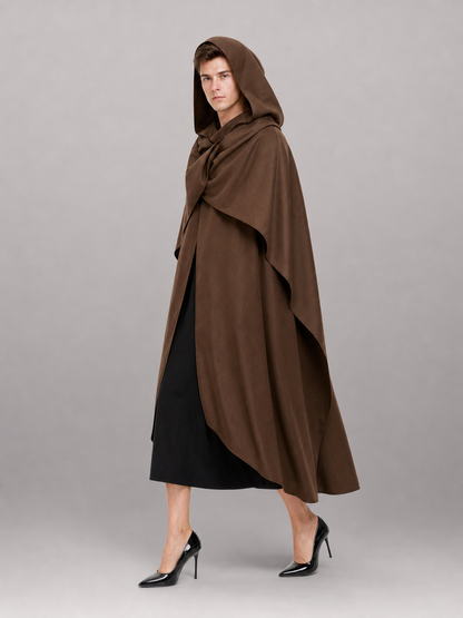 Medieval Fantasy Hooded Cloak, Deep Brown Long Draped Cape with Overlapping Front and Pointed Hem for Role Play, Stage Styling and Outdoor Wear