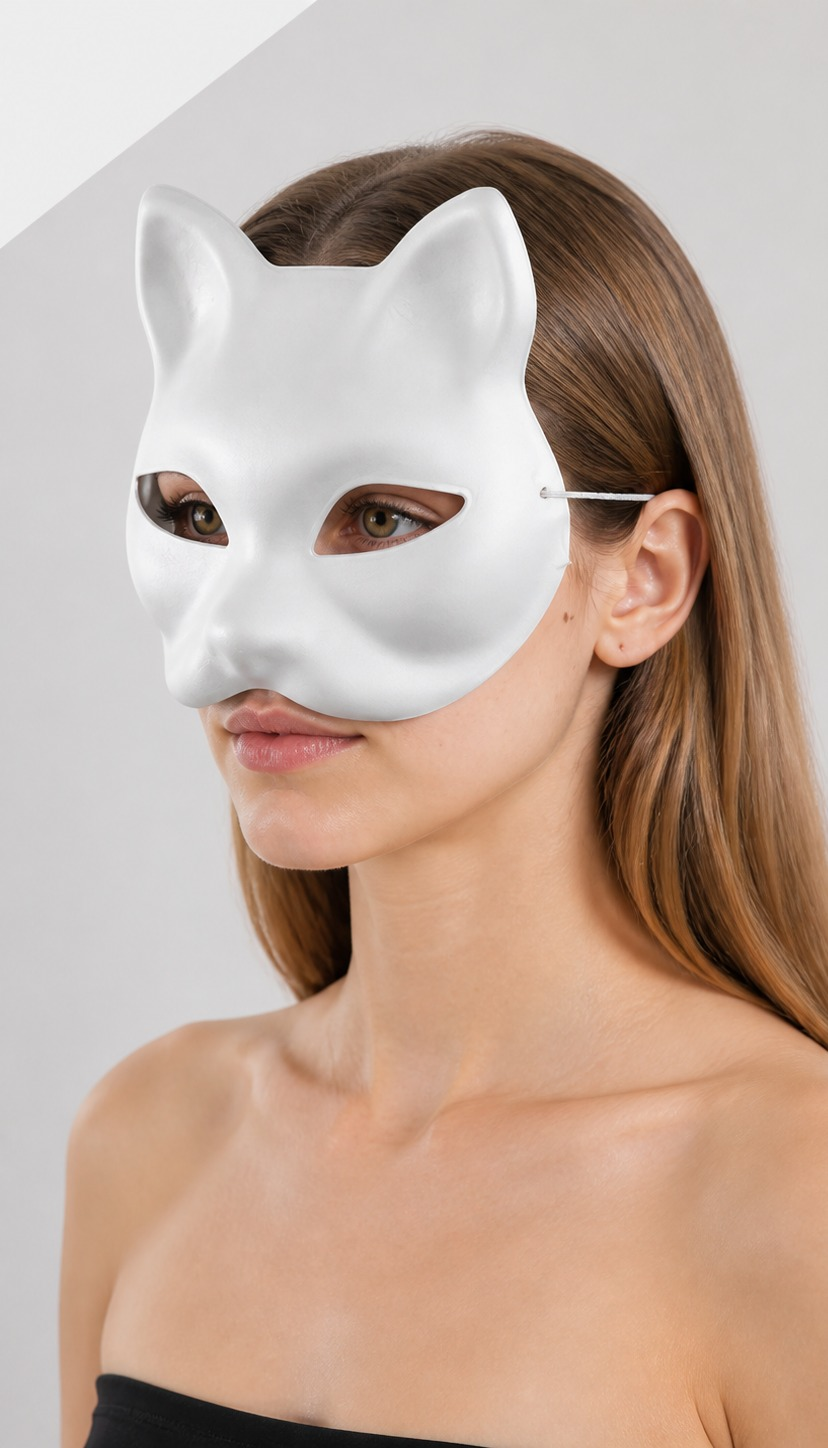 Side view of a woman wearing the white cat half-mask