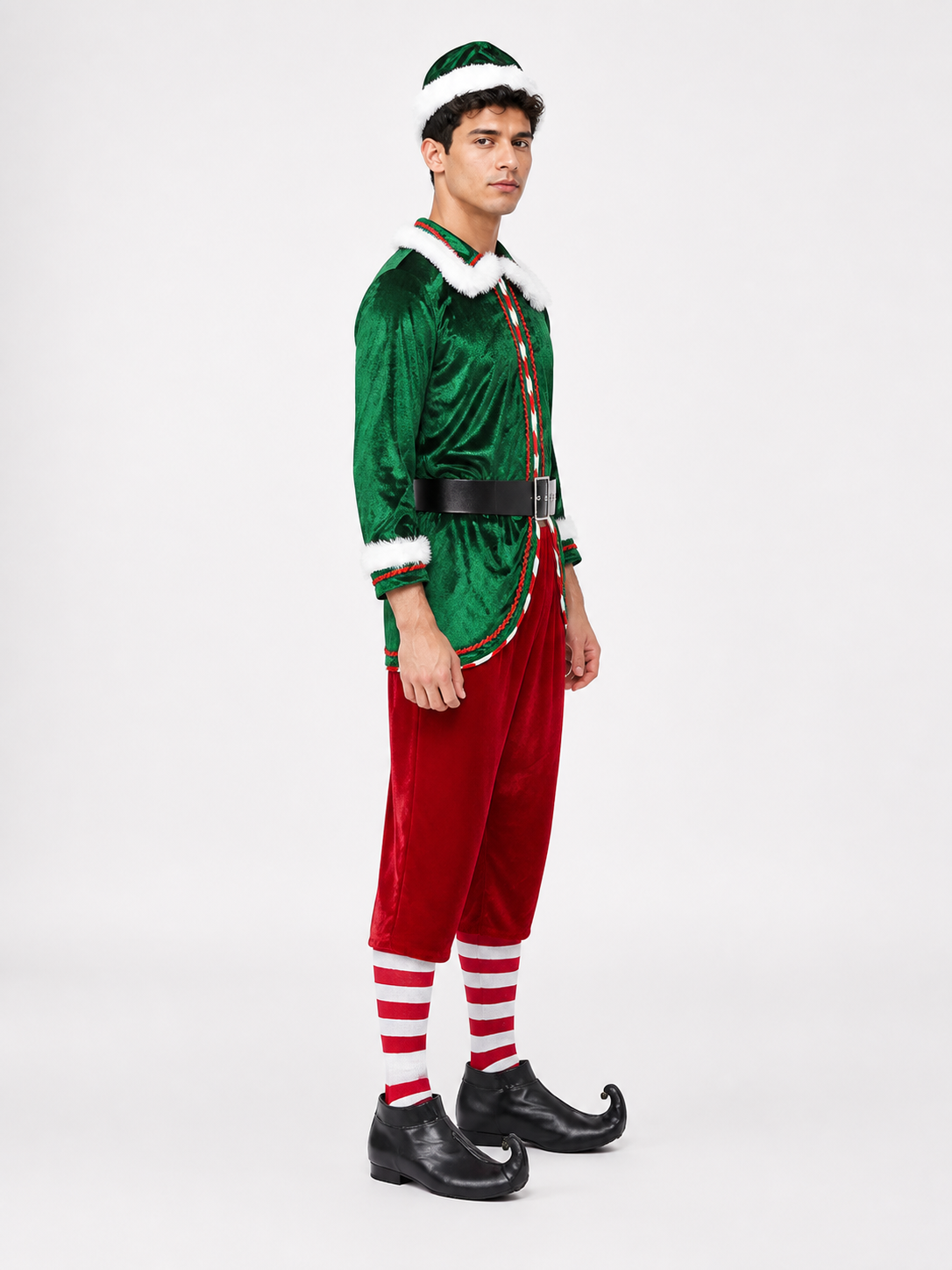 Christmas Elf Costume with White Fur Trim side view