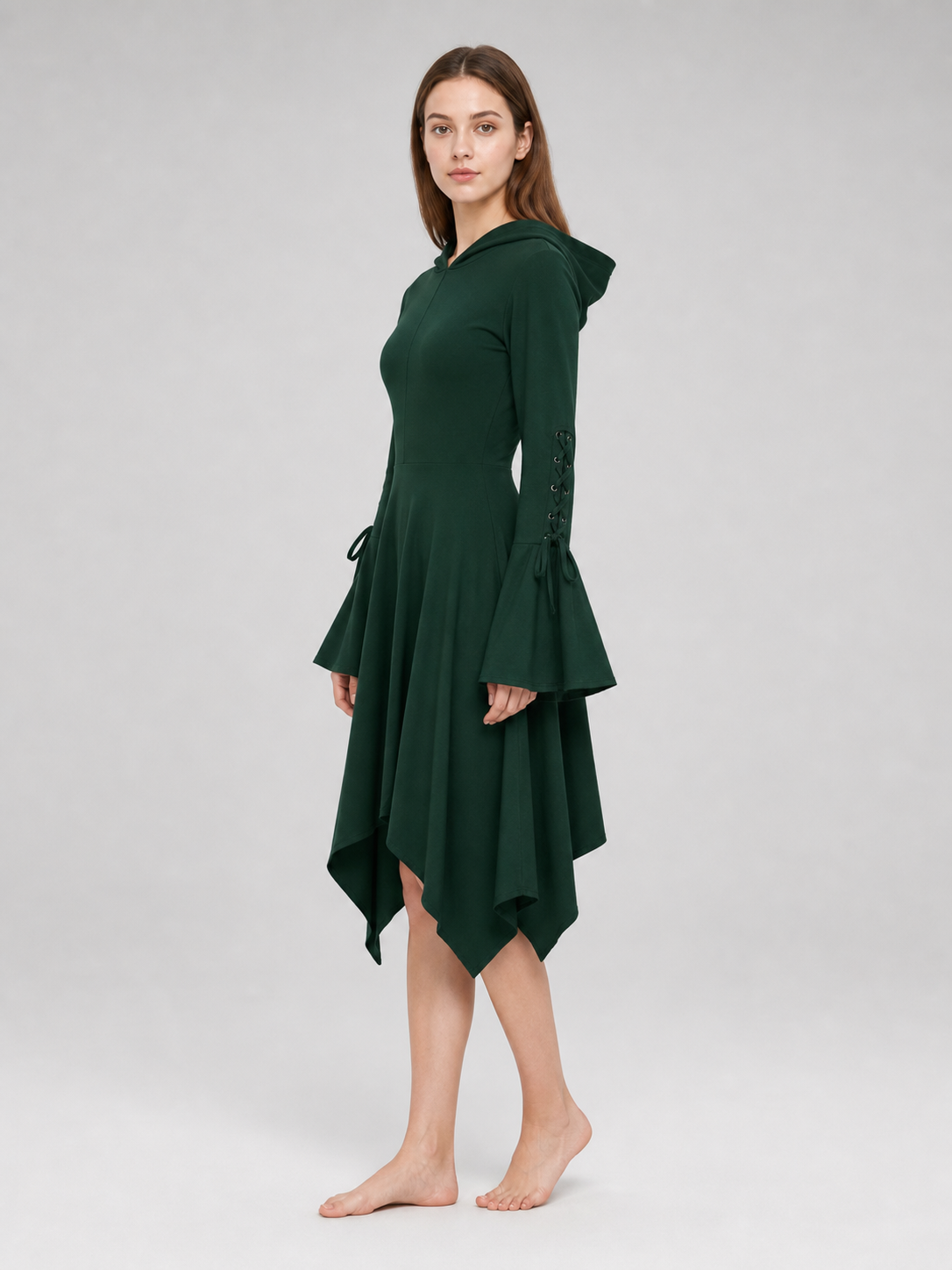 Gothic Hooded Dress with an Asymmetrical Hem