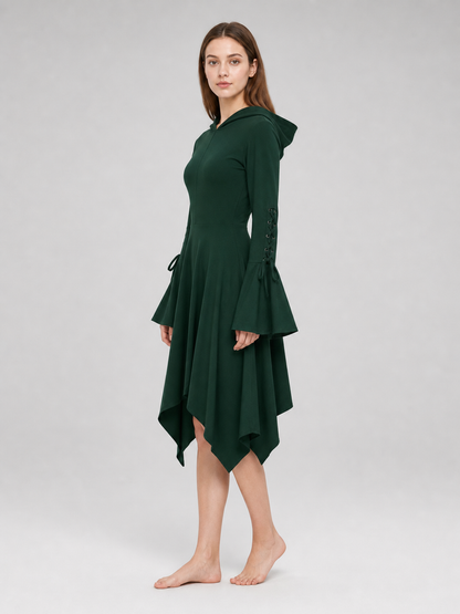 Gothic Hooded Dress with an Asymmetrical Hem