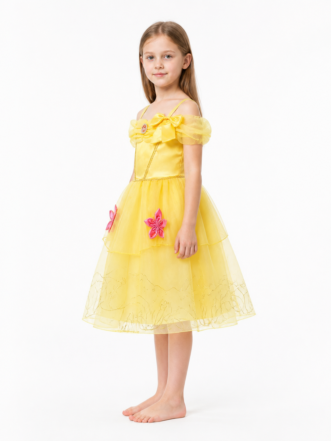 Children's Yellow Carnival Dress with a Bow and Full Skirt side view