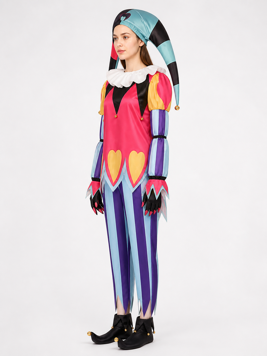 Clown Costume with Yellow Hearts and a Pointed Hat side view