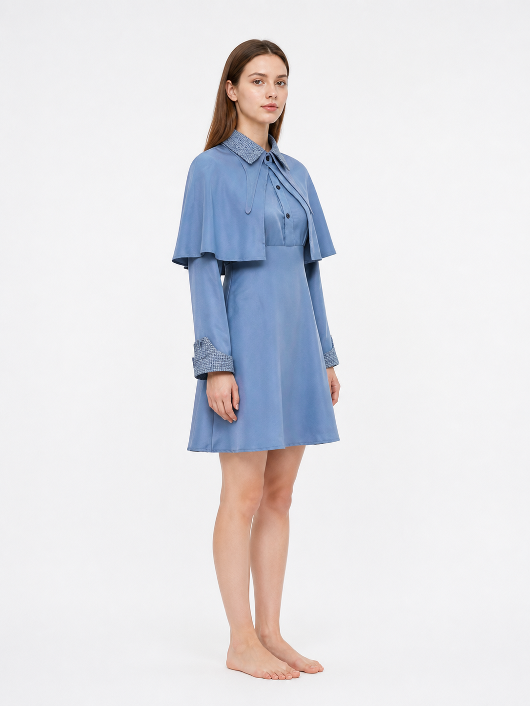 Blue Cosplay Dress with Cape and Collar side view