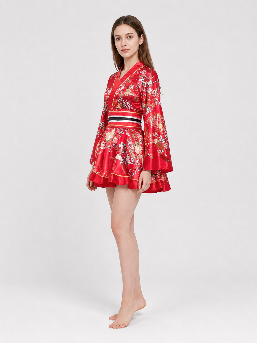 Kimono with Belt and Short Skirt, Floral Print