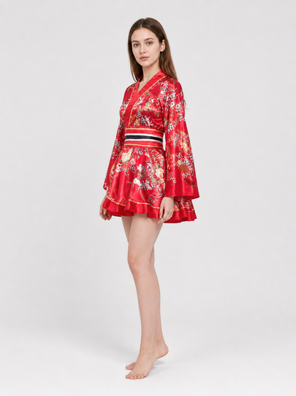 Kimono with Belt and Short Skirt, Floral Print
