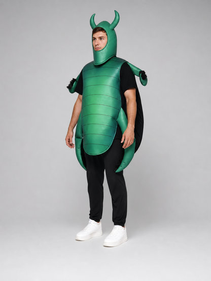 The beetle costume features a full-body insect silhouette with a large segmented green panel on the abdomen. The look is completed by a curved headpiece resembling horns, along with green side and hand elements that imitate insect limbs. Th