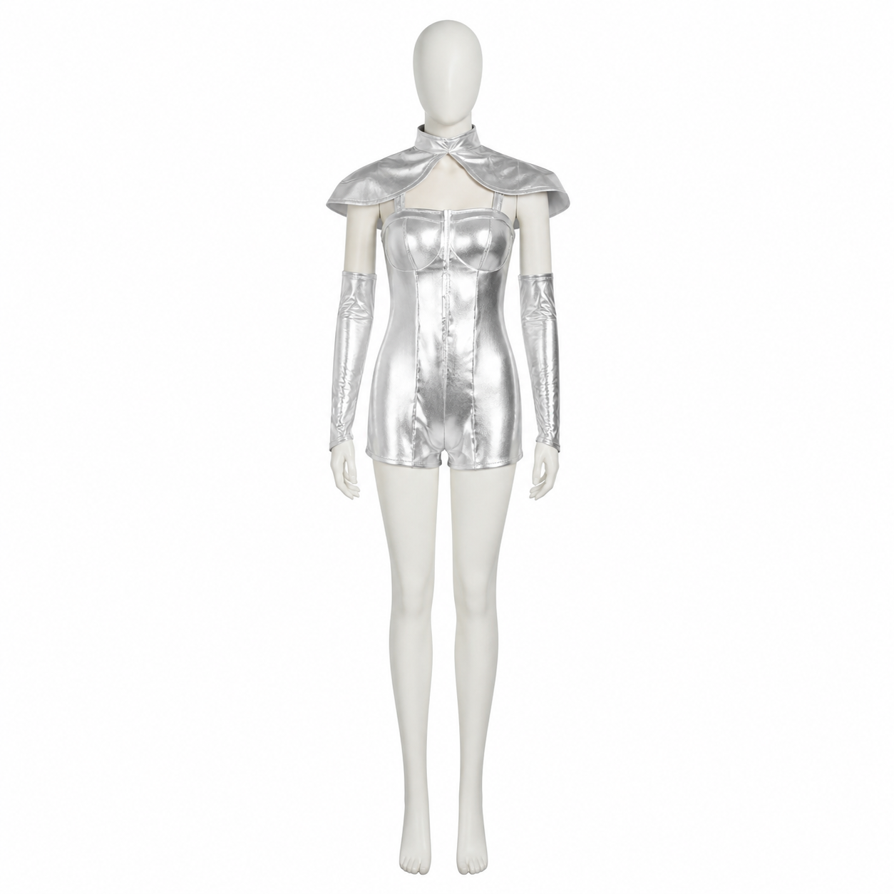 Silver cosplay romper with wings side view