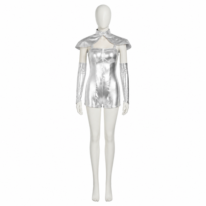 Silver cosplay romper with wings side view