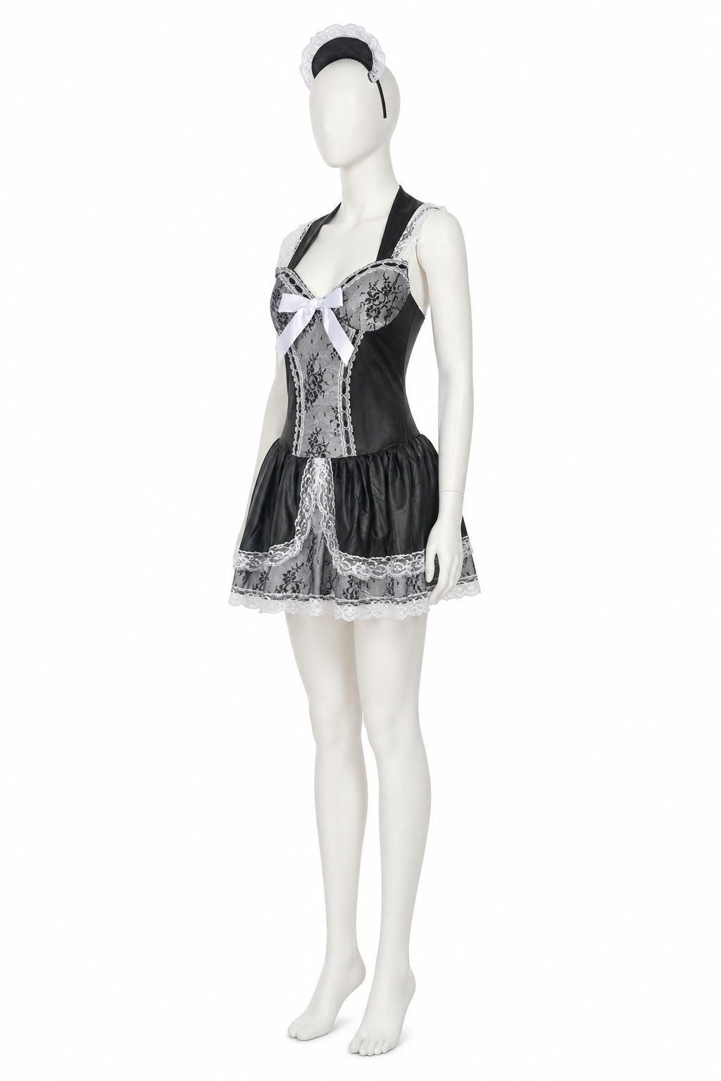 Black-and-White Cosplay Dress with Lace and Bow side view