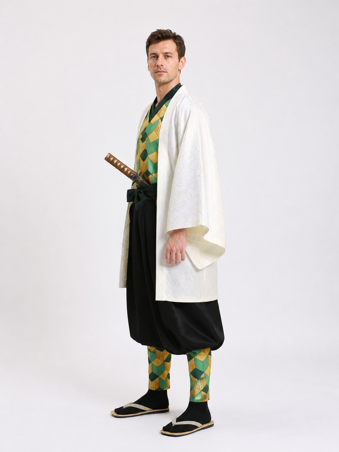Sabito Cosplay Costume with White Haori and Geometric Pattern side view