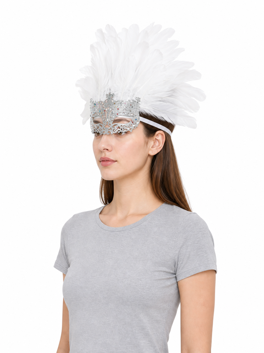 Masquerade Mask with White Feathers and Glitter