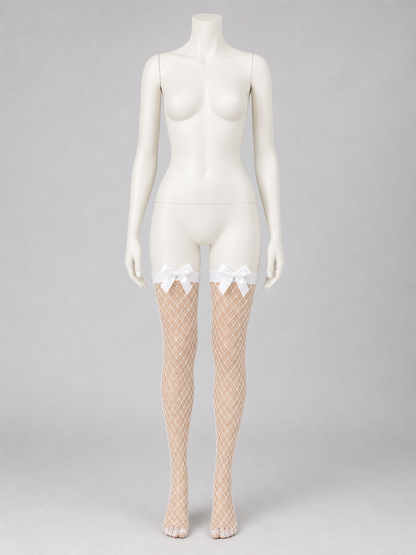 White Diamond Fishnet Stockings with Bows