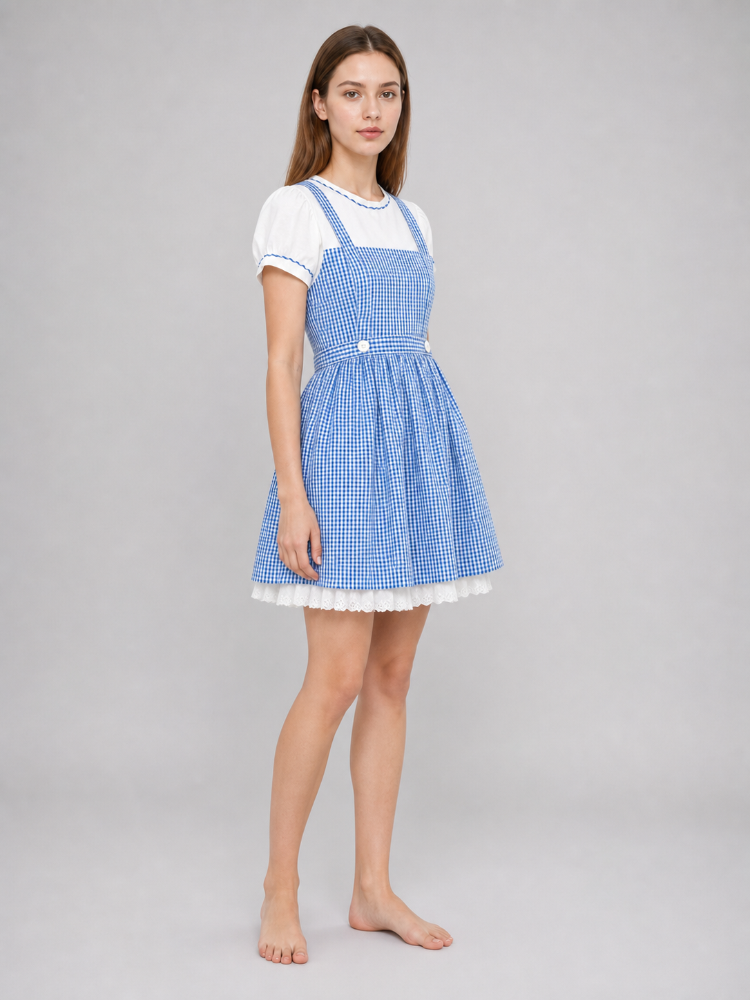 Blue and White Plaid Dress Set with Accessories