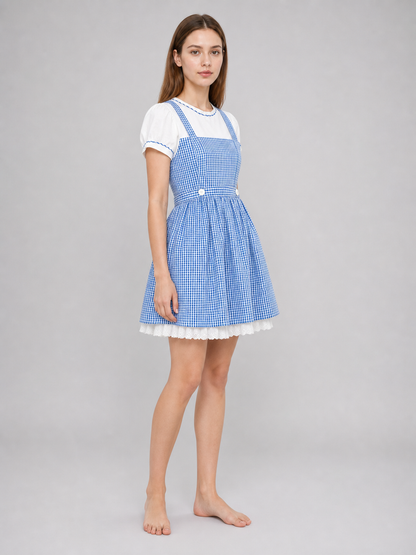 Blue and White Plaid Dress Set with Accessories