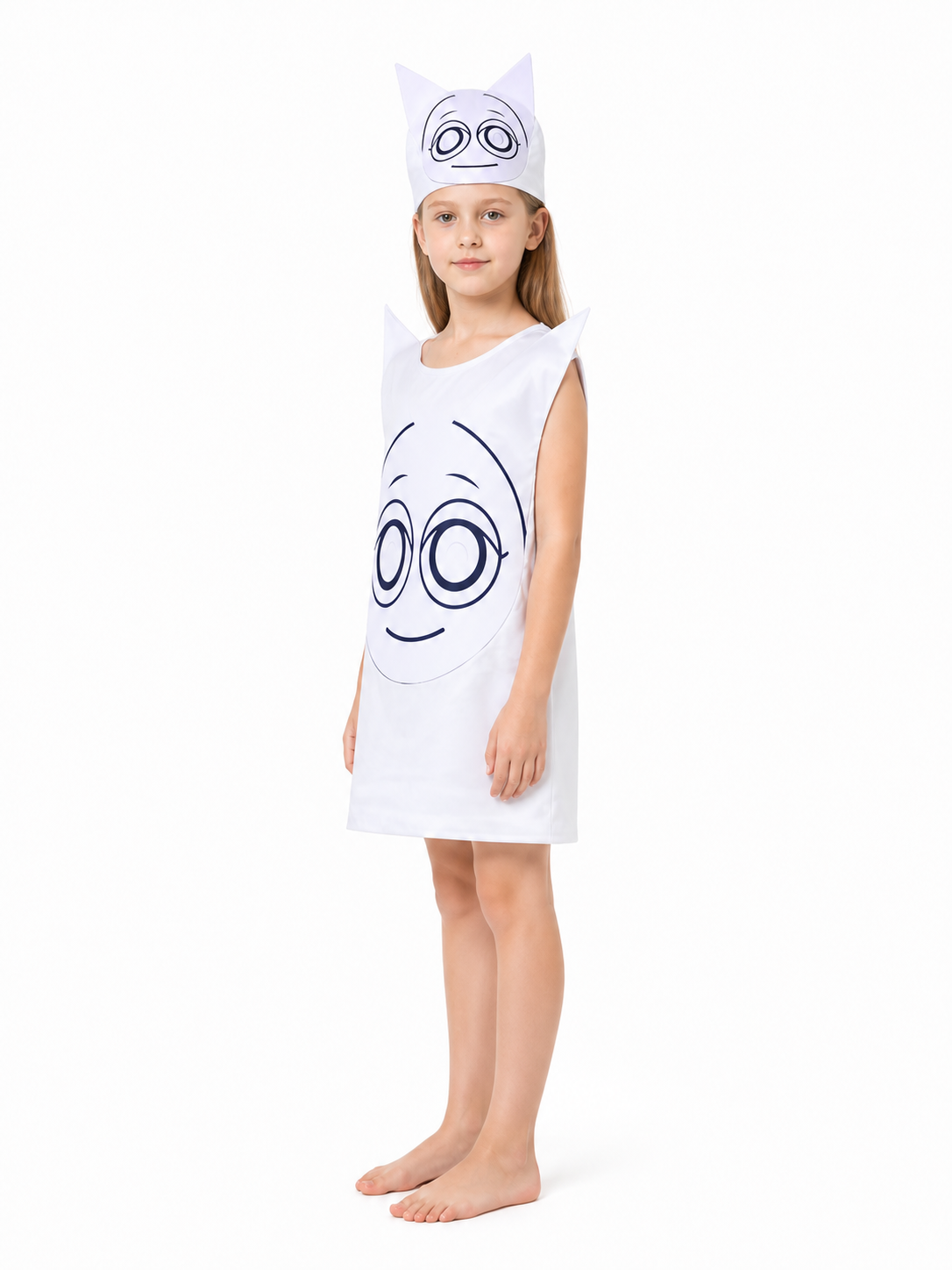 White Sleeveless Carnival Dress with Cat Print side view