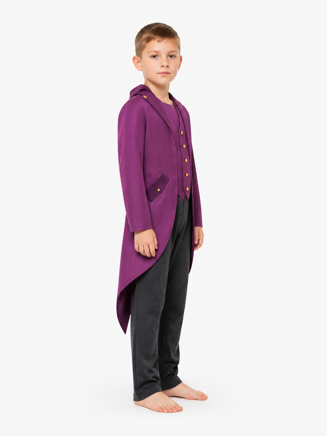 Purple Tailcoat with Lapels and Gold Buttons side view